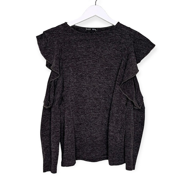 Zara Women’s Cold Shoulder Crew Neck Ruffle Long Sleeve Knit Top Dark Grey Large - Picture 1 of 8
